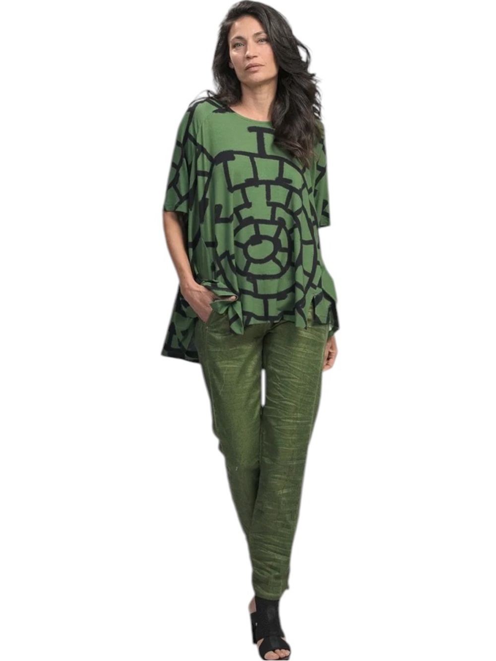 Alembika Clover Abstract Swing Tunic Top Tee Green Black Medium